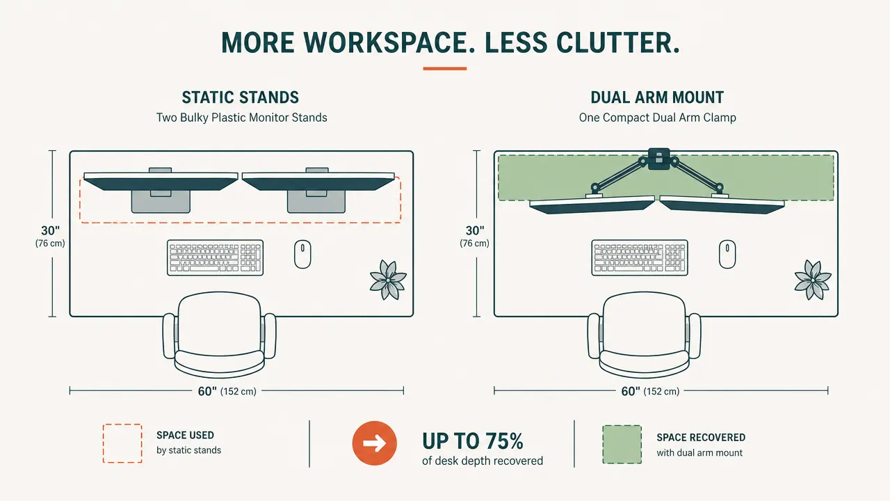 Overhead diagram showing desk footprint before and after replacing two static stands with one dual monitor arm