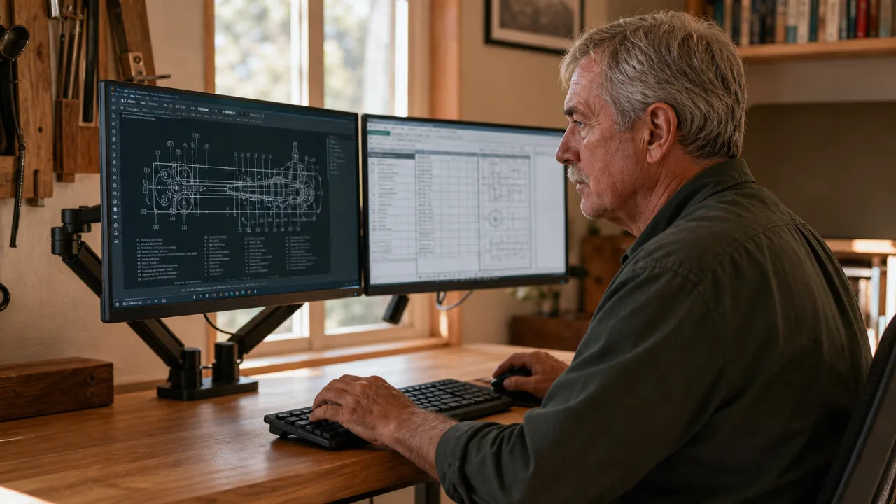 Clean home office desk with two monitors mounted on a single dual arm, plenty of clear desk space visible underneath