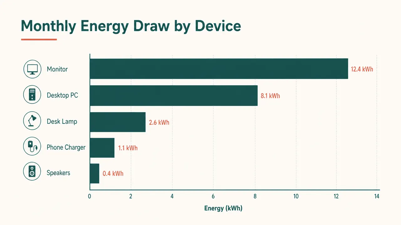 Horizontal bar chart showing monthly energy draw by device, with the monitor listed as the highest consumer