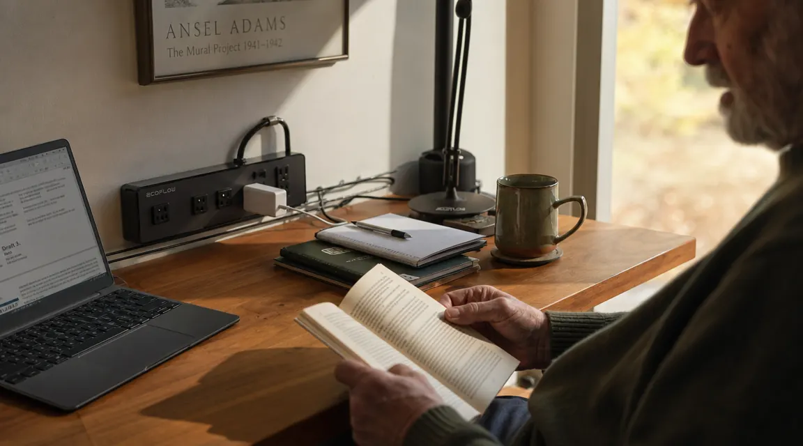 Tidy home office desk corner with a smart power strip mounted under the desk surface, cables routed neatly along the back edge