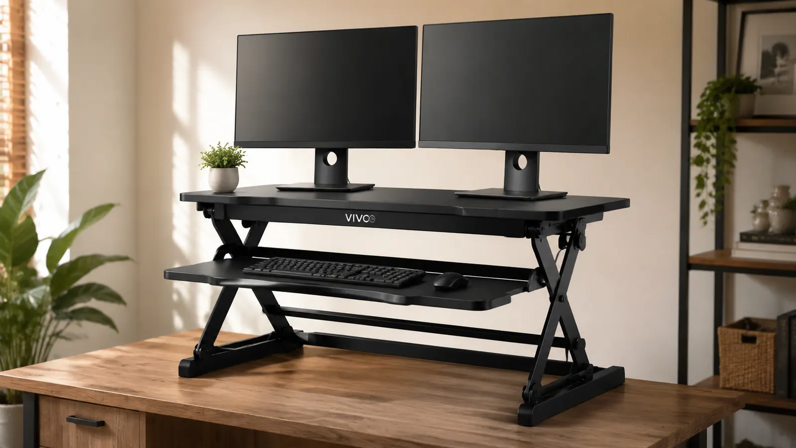Close-up of hands adjusting the VIVO desk converter lift mechanism, keyboard tray at elbow height