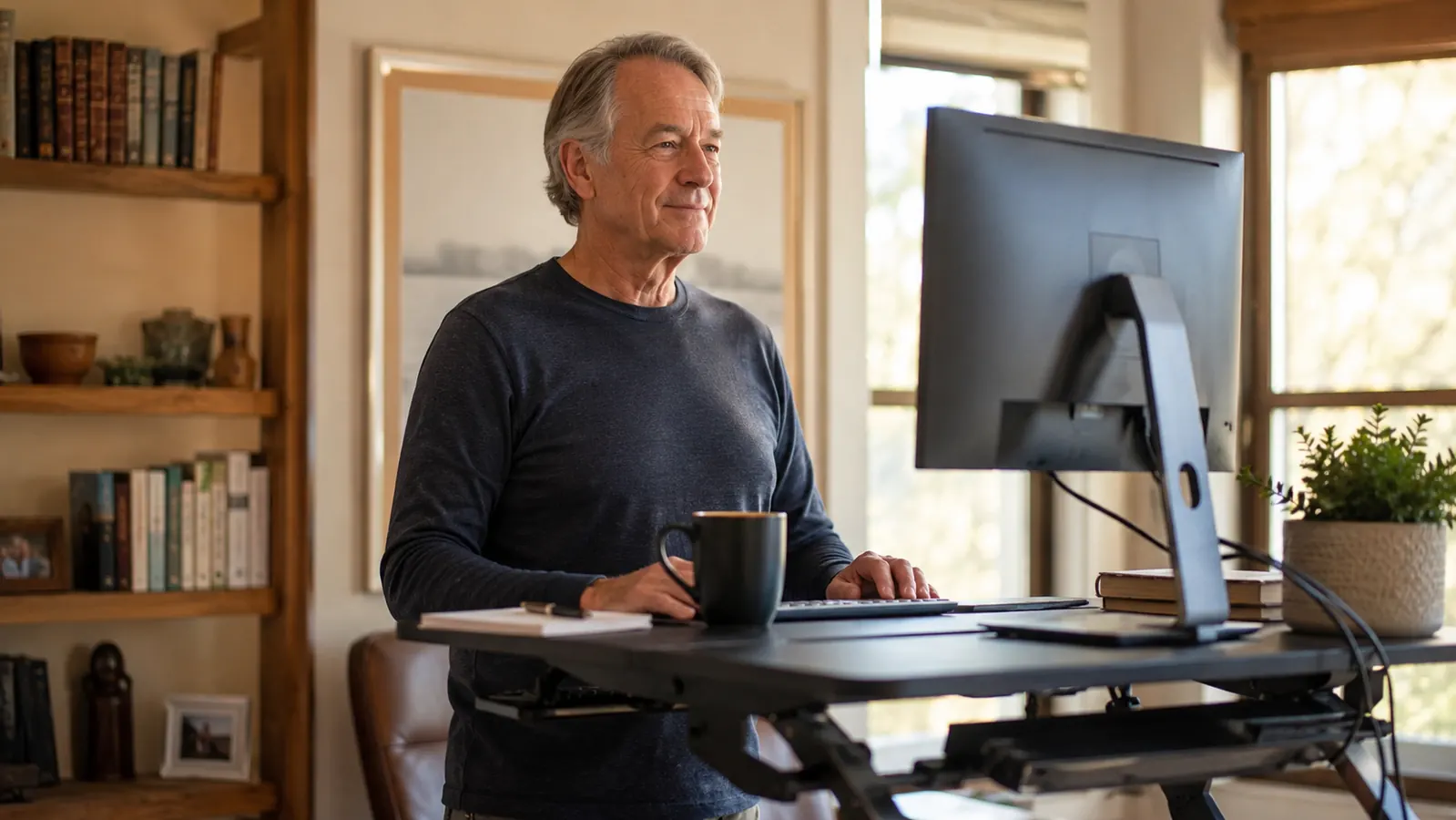 Man standing at a home office desk using a sit-stand converter with two monitors raised, warm afternoon light through a window