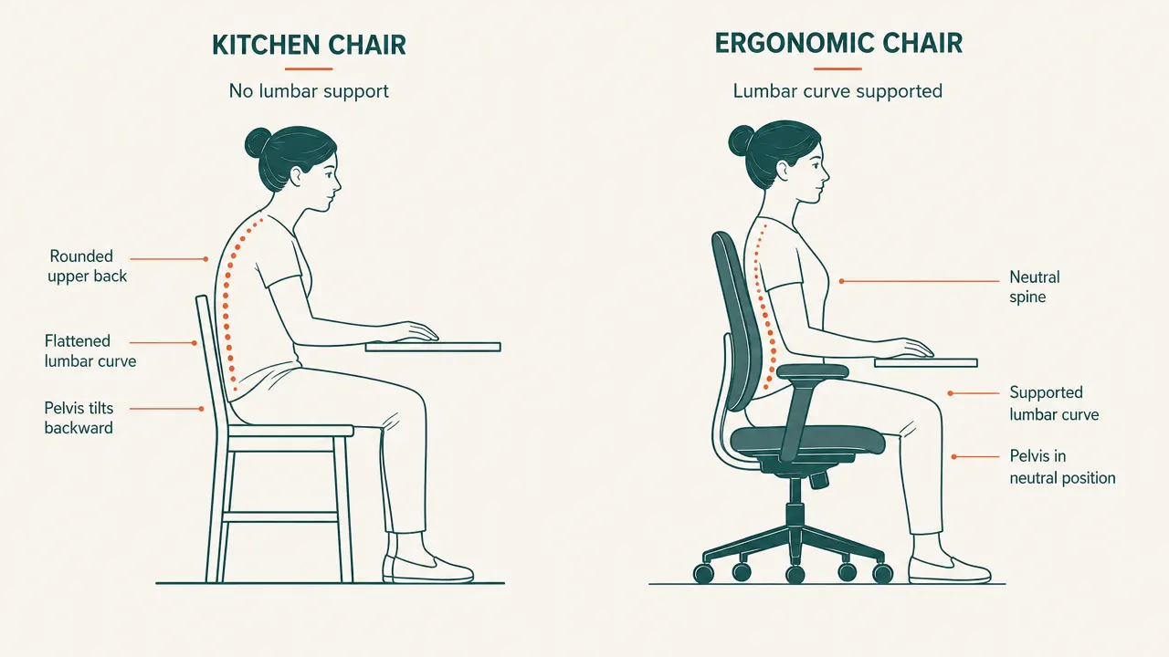 Side-view diagram comparing spine alignment in a kitchen chair versus an ergonomic chair with lumbar support