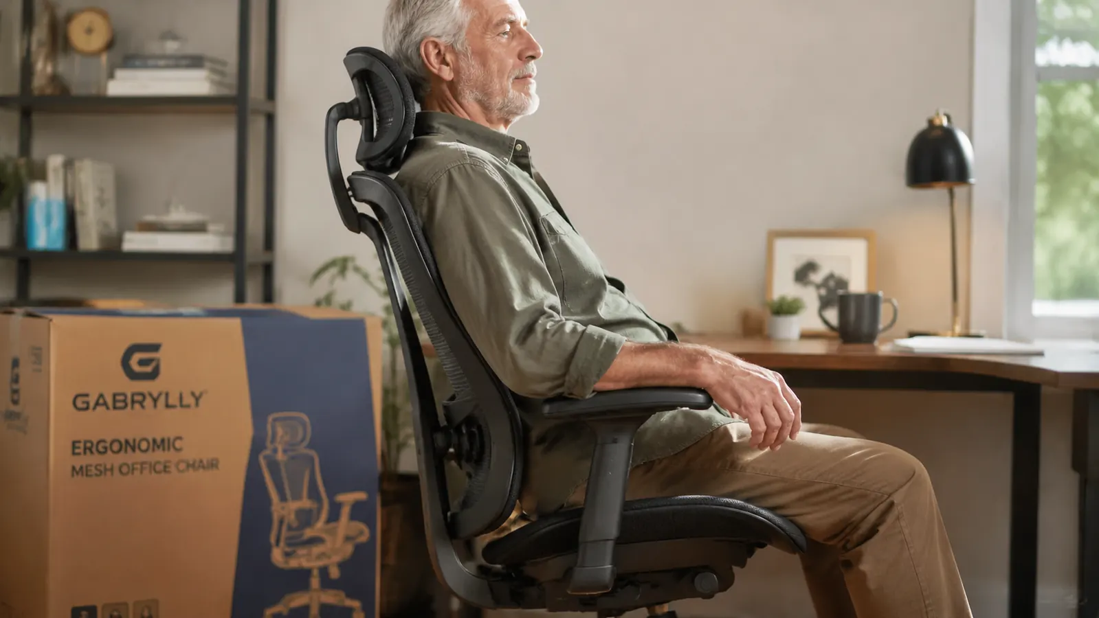 Side profile view of the GABRYLLY chair showing lumbar support curve and headrest position