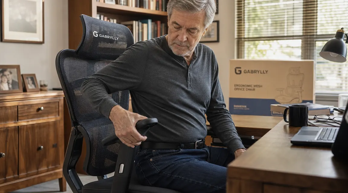 Person sitting in the GABRYLLY ergonomic chair adjusting the flip-up armrests at a standing desk