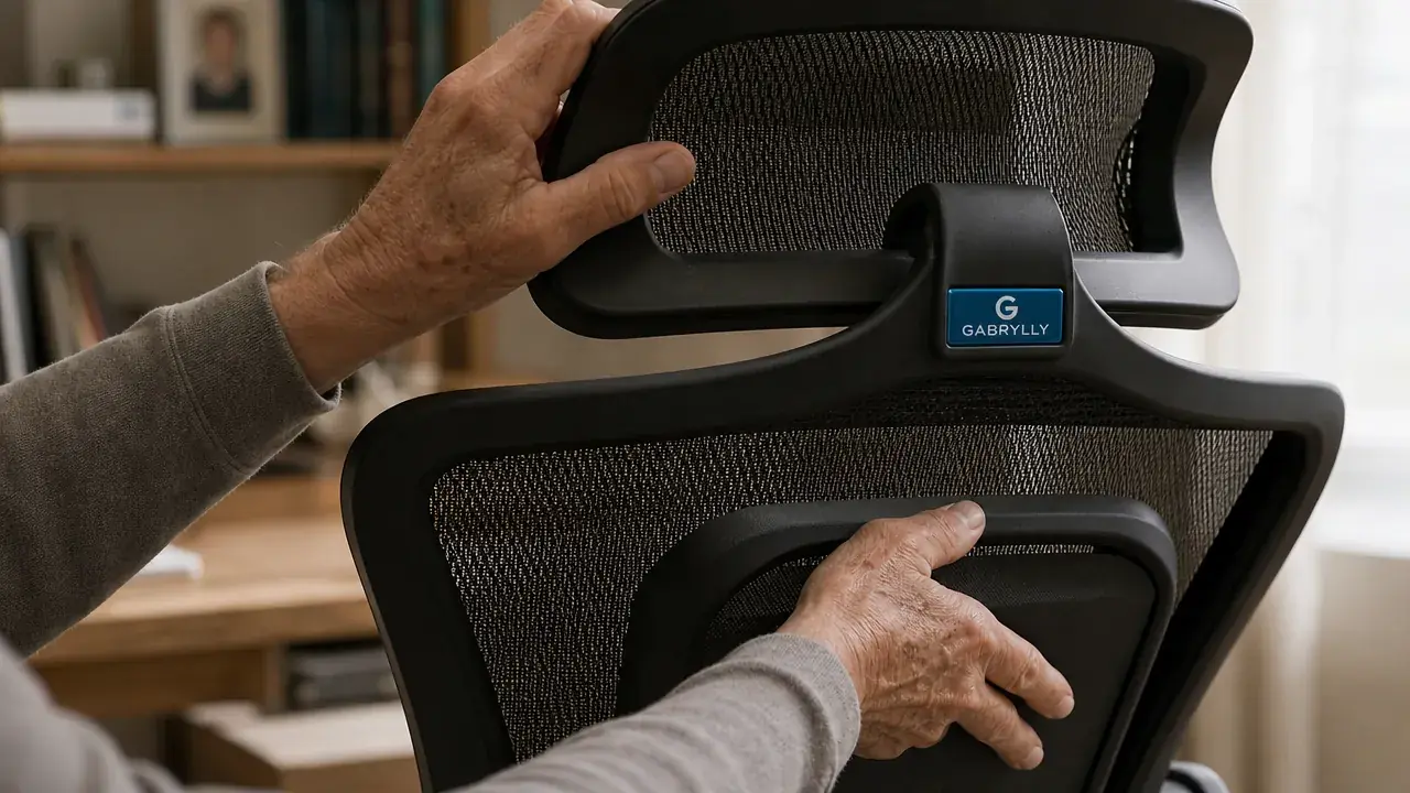 Close-up of the GABRYLLY mesh back panel showing the lumbar support curve and headrest attachment
