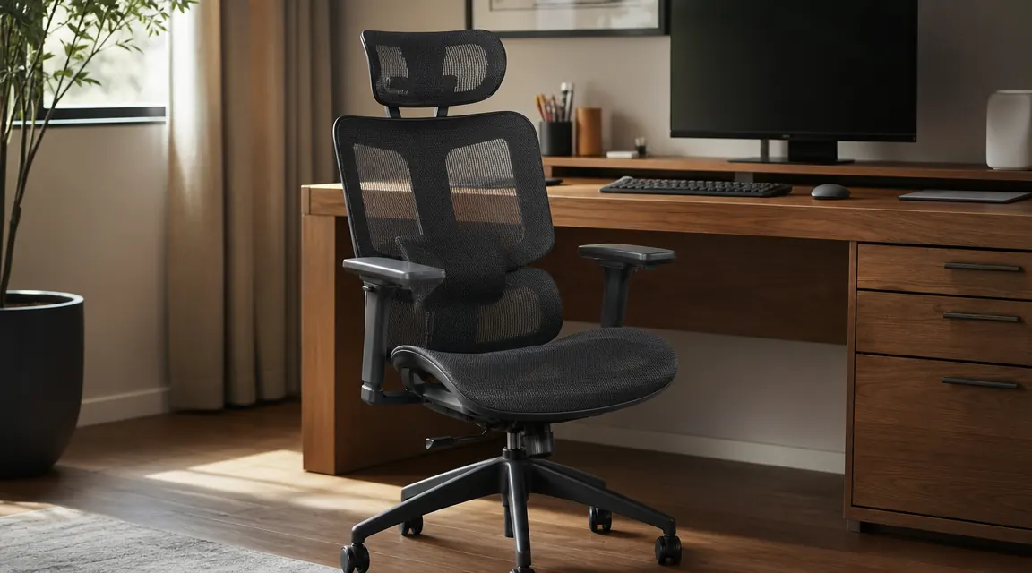 GABRYLLY high-back mesh office chair at a tidy home desk with morning light coming through a window