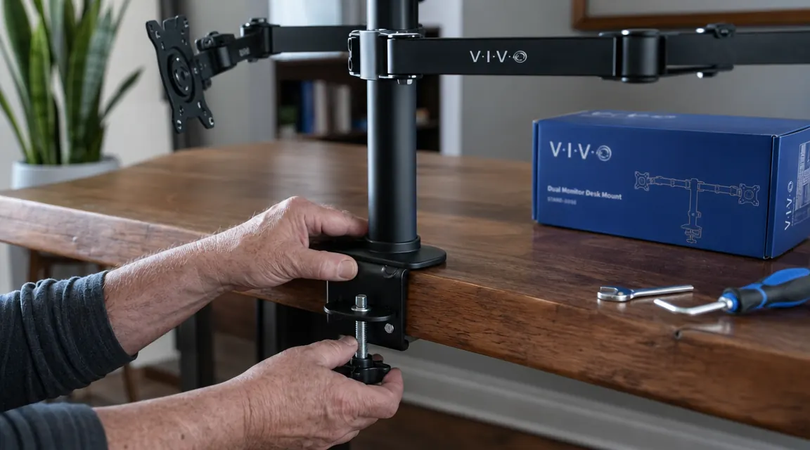 Hands tightening the C-clamp of a VIVO dual monitor arm onto the back edge of a wooden desk