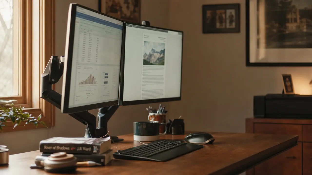 Side view of a dual monitor setup with both screens tilted toward the viewer at a comfortable eye-level angle