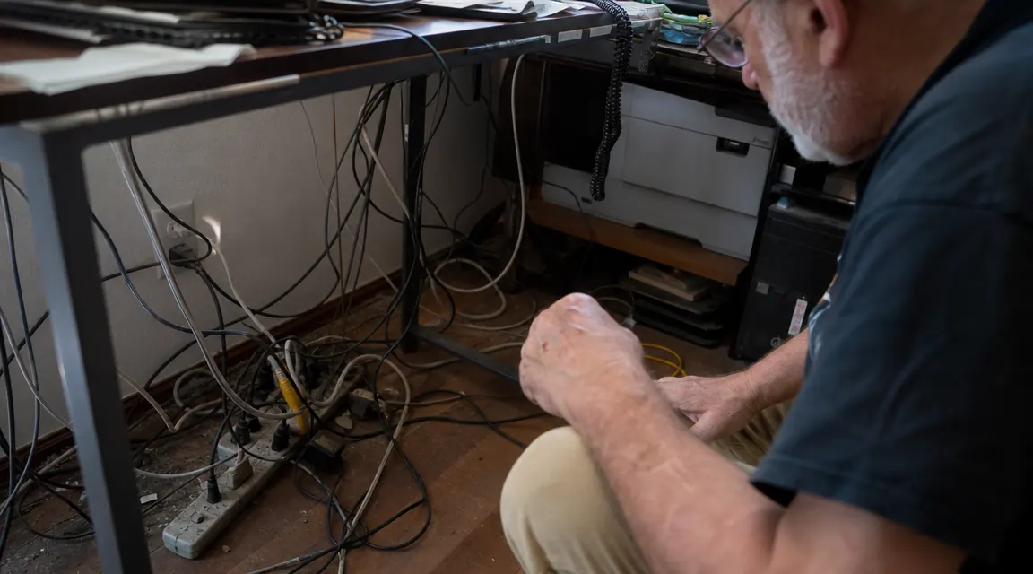 A tangled mess of power cords and surge protectors under a desk, the before state before cable cleanup