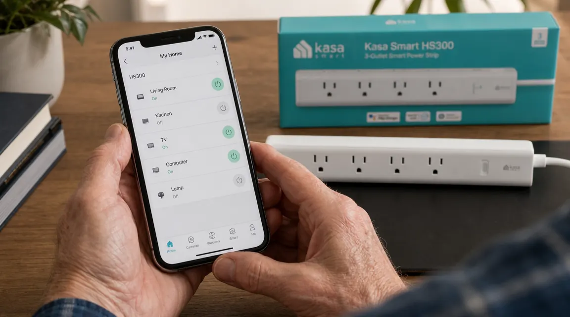 Hand holding a smartphone showing the Kasa app outlet naming screen, Kasa HS300 power strip visible on the desk behind it