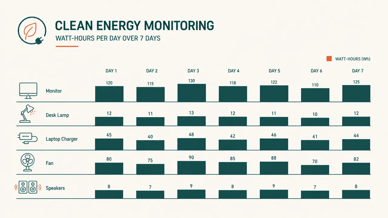 Screenshot-style chart showing daily energy draw for five outlets over a week, each outlet labeled with a device name