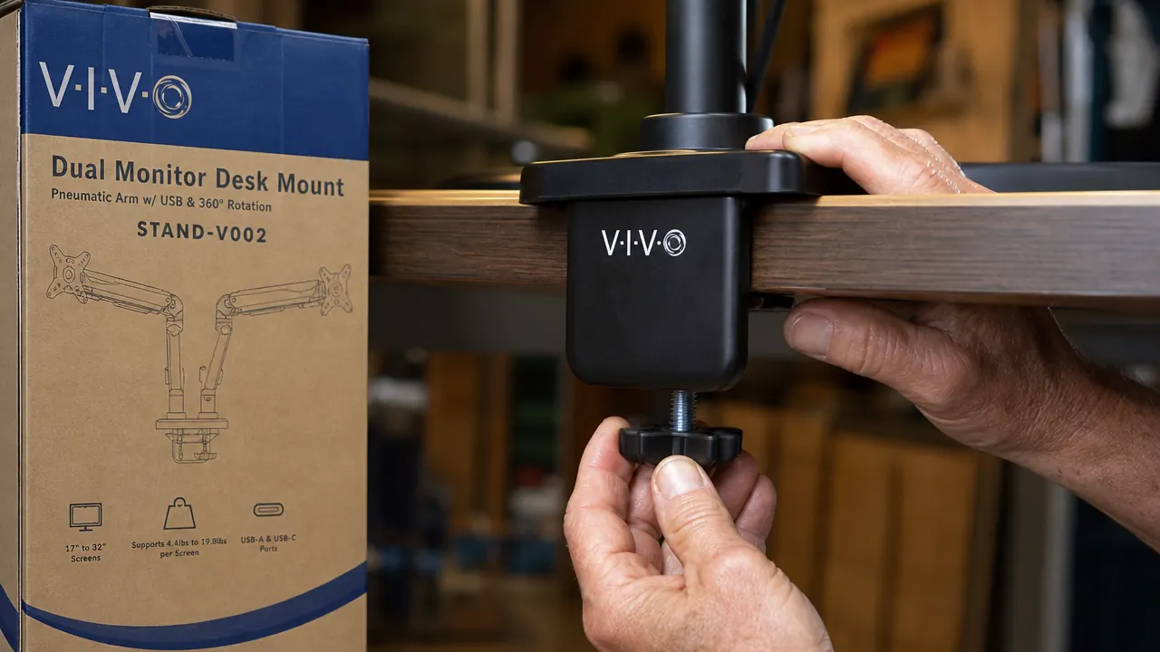 Hands tightening the C-clamp knob on a VIVO dual monitor arm base against the underside of a thick wooden desk