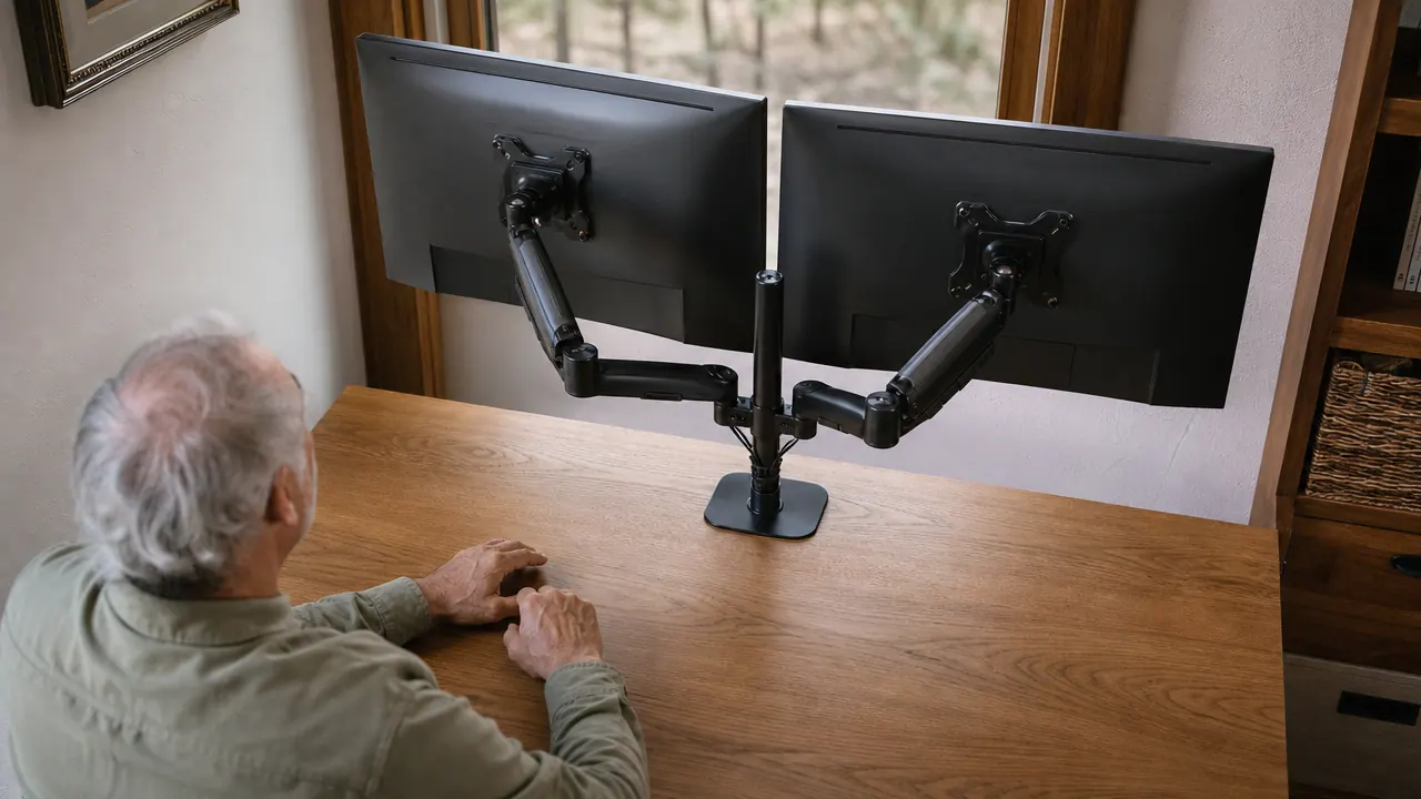 Two monitors side by side on a dual arm, cables routed cleanly through the arm channels and bundled with velcro straps at the desk surface
