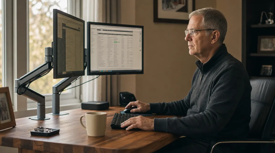 Dual monitor arm mounted on a wood-top home office desk with two monitors raised off the surface, tidy cable routing visible along the arm