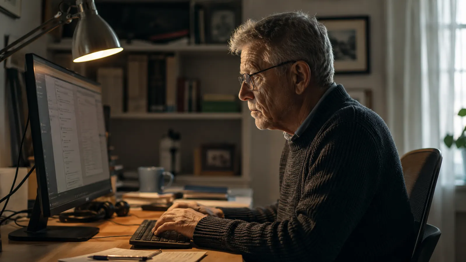 Tidy home office desk near a window with warm task lamp light, no glare on monitor screen