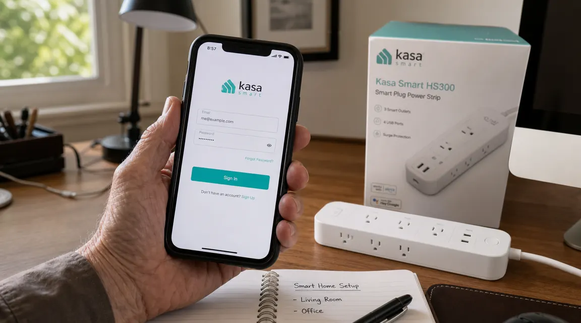 Smartphone login screen for the Kasa Smart app showing a password entry field, illustrating the account requirement