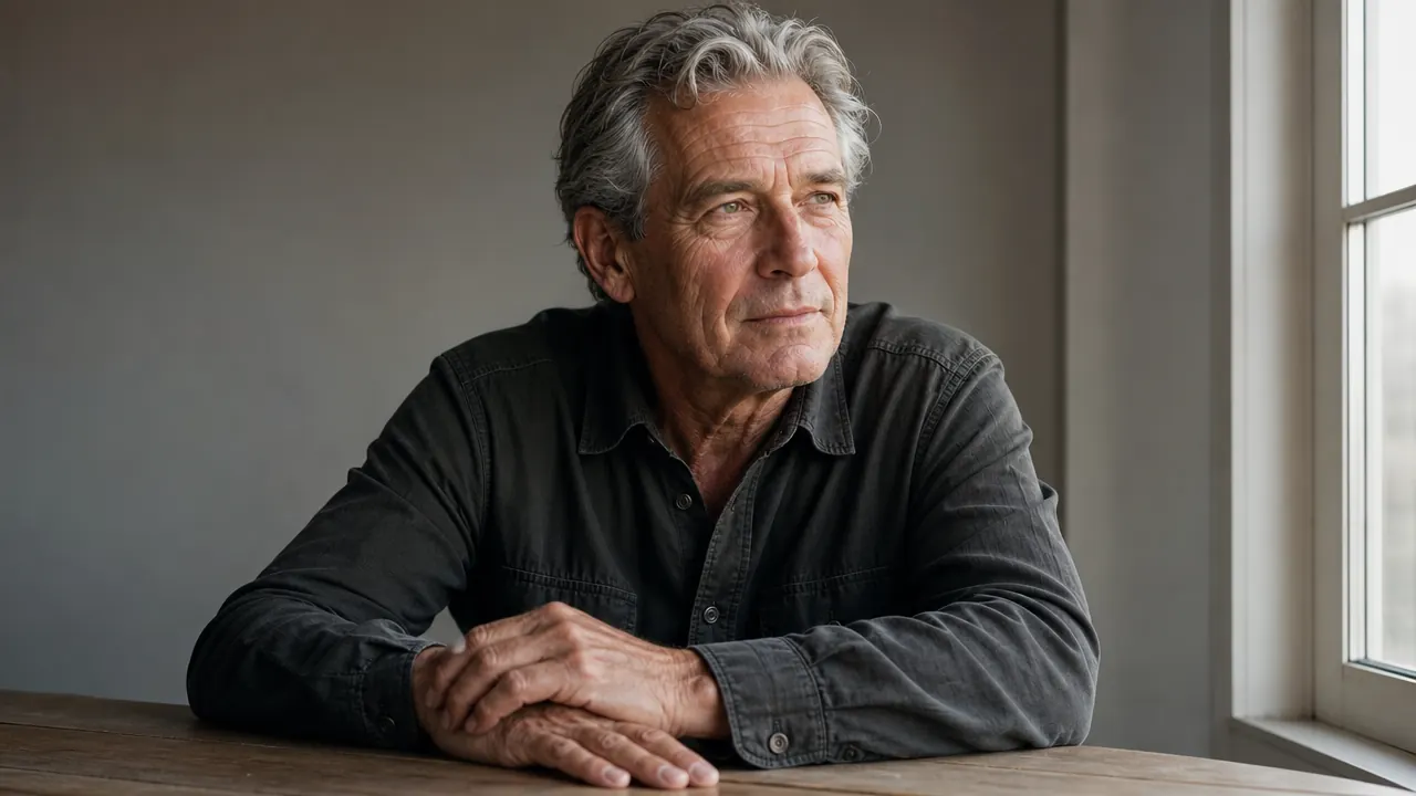 Retired man sitting at a home office desk with a relaxed, thoughtful expression, hands resting on a simple wooden desktop