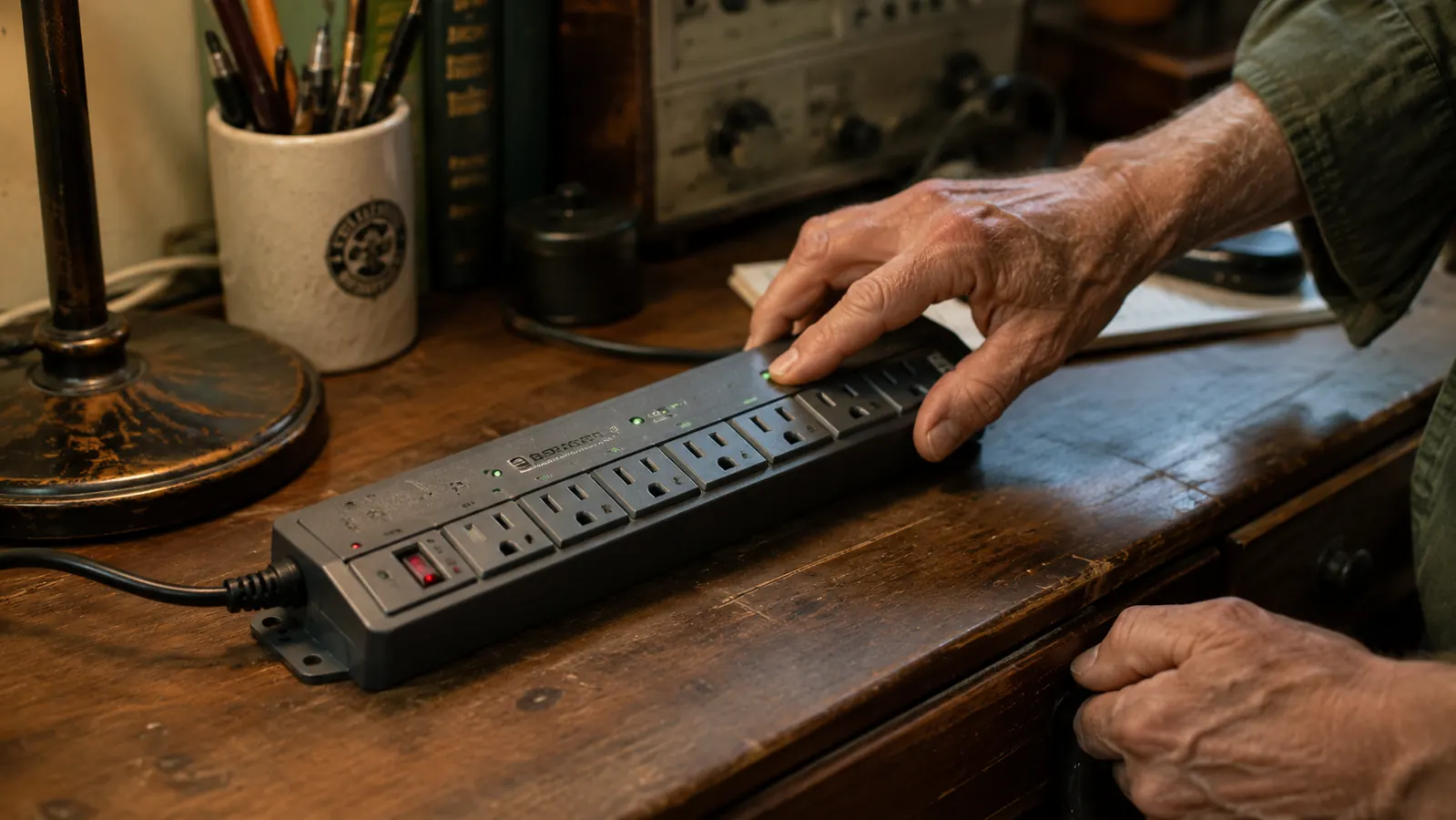 Kasa HS300 smart power strip on a wooden workshop desk with six labeled outlet slots visible and a soft overhead lamp casting warm light