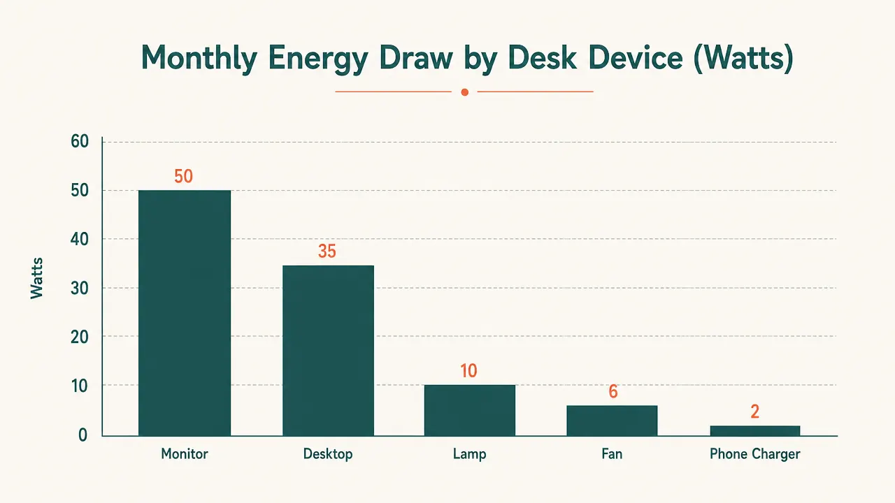 Chart showing monthly energy draw in watts per home office device connected to a smart power strip