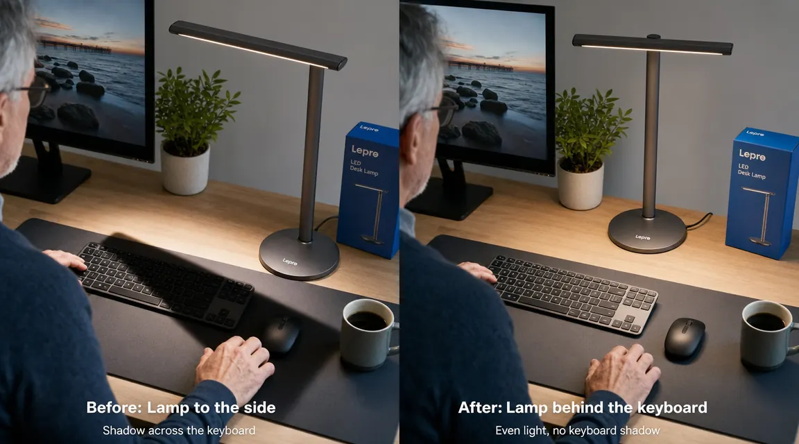 Desk lamp placed to the side of a monitor casting a shadow across the keyboard, then repositioned behind the keyboard showing even shadow-free light