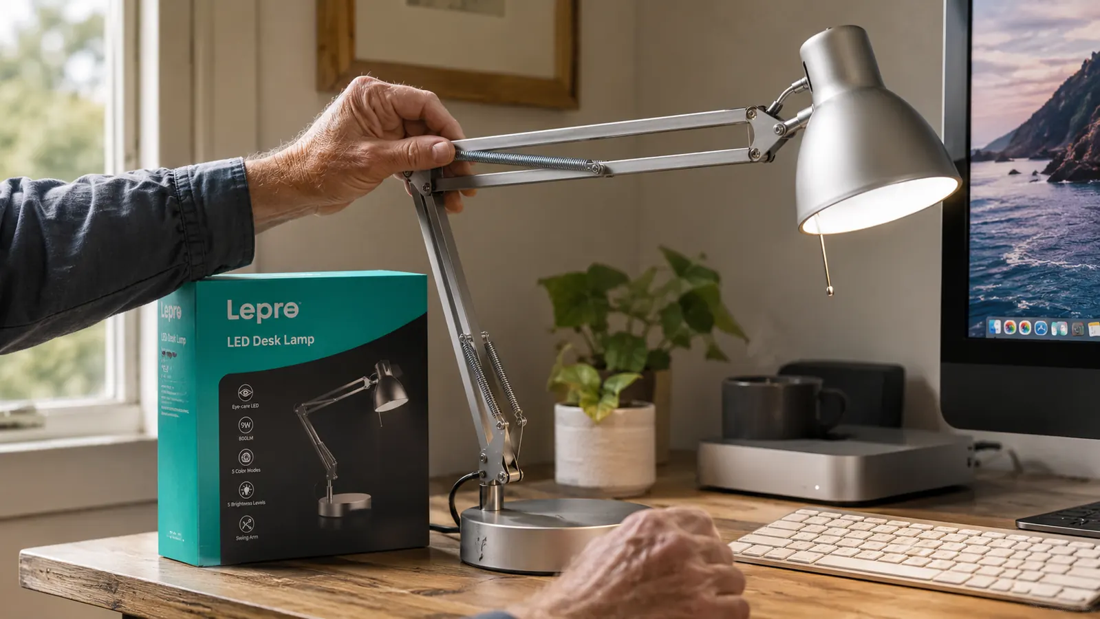 Hand adjusting the articulating arm of a Lepro LED desk lamp over a keyboard, showing the flexible neck in profile
