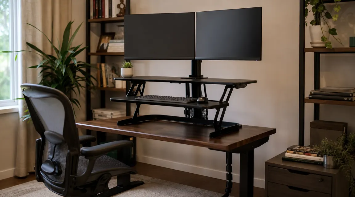 Close-up of the VIVO desk converter frame at standing height, showing the steel scissor-lift mechanism and keyboard tray latch hardware