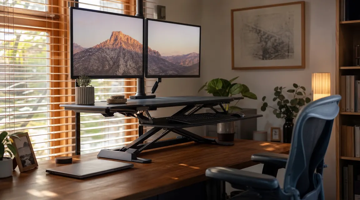 A tidy home office corner with a raised black sit-stand desk converter holding two monitors, morning light coming through a window