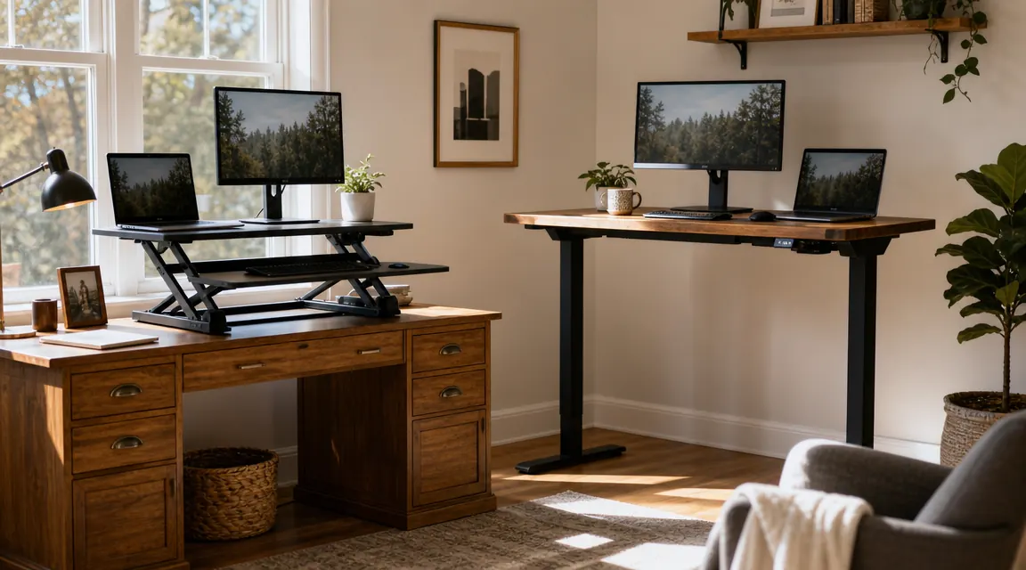 Side-by-side view of a desk converter on a wooden desk next to a full electric standing desk in a tidy home office