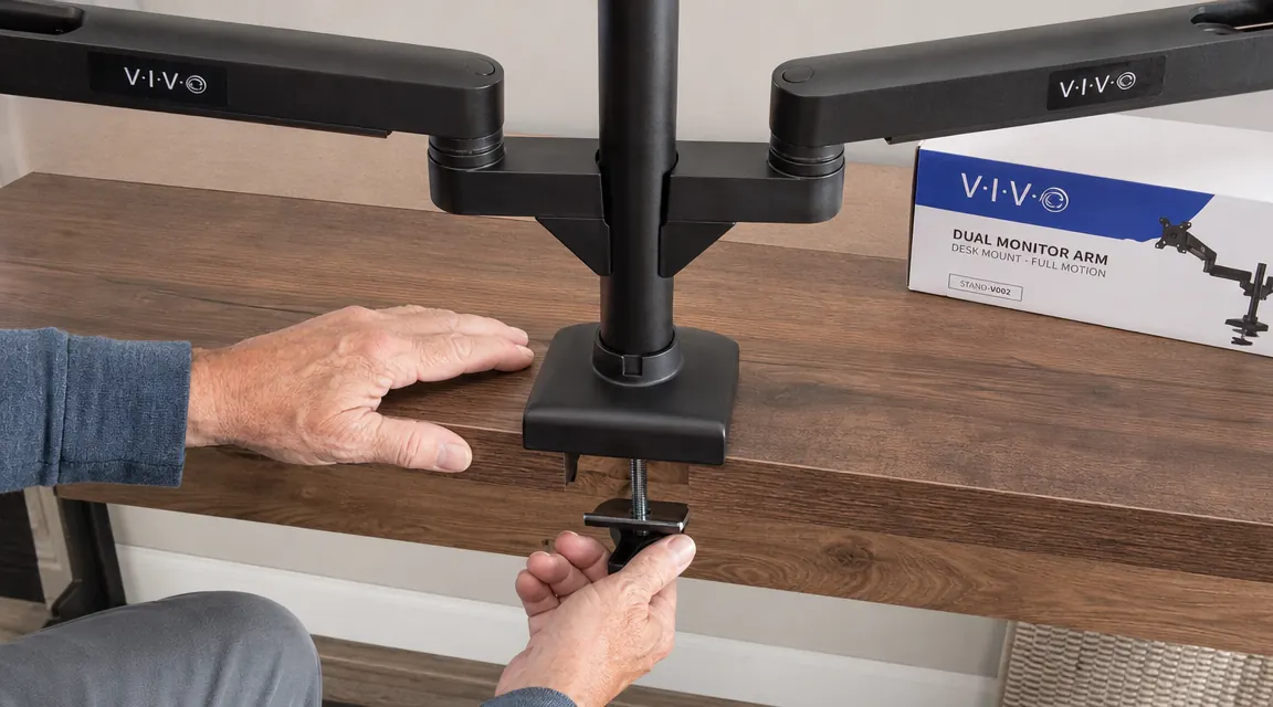 Close-up of the VIVO STAND-V002 grommet base installed through a desk hole, showing the steel post, lock nut, and desk surface from above