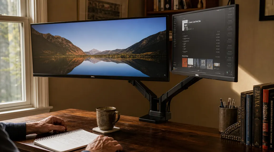 A dual monitor arm holding a wide ultrawide monitor and a secondary 24-inch display in a home office corner with afternoon light, cables routed cleanly along the arm