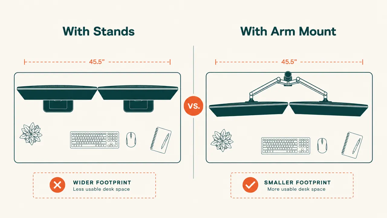 Overhead diagram comparing the desk space used by two separate monitor stands versus one dual monitor arm mount, showing the surface area gained