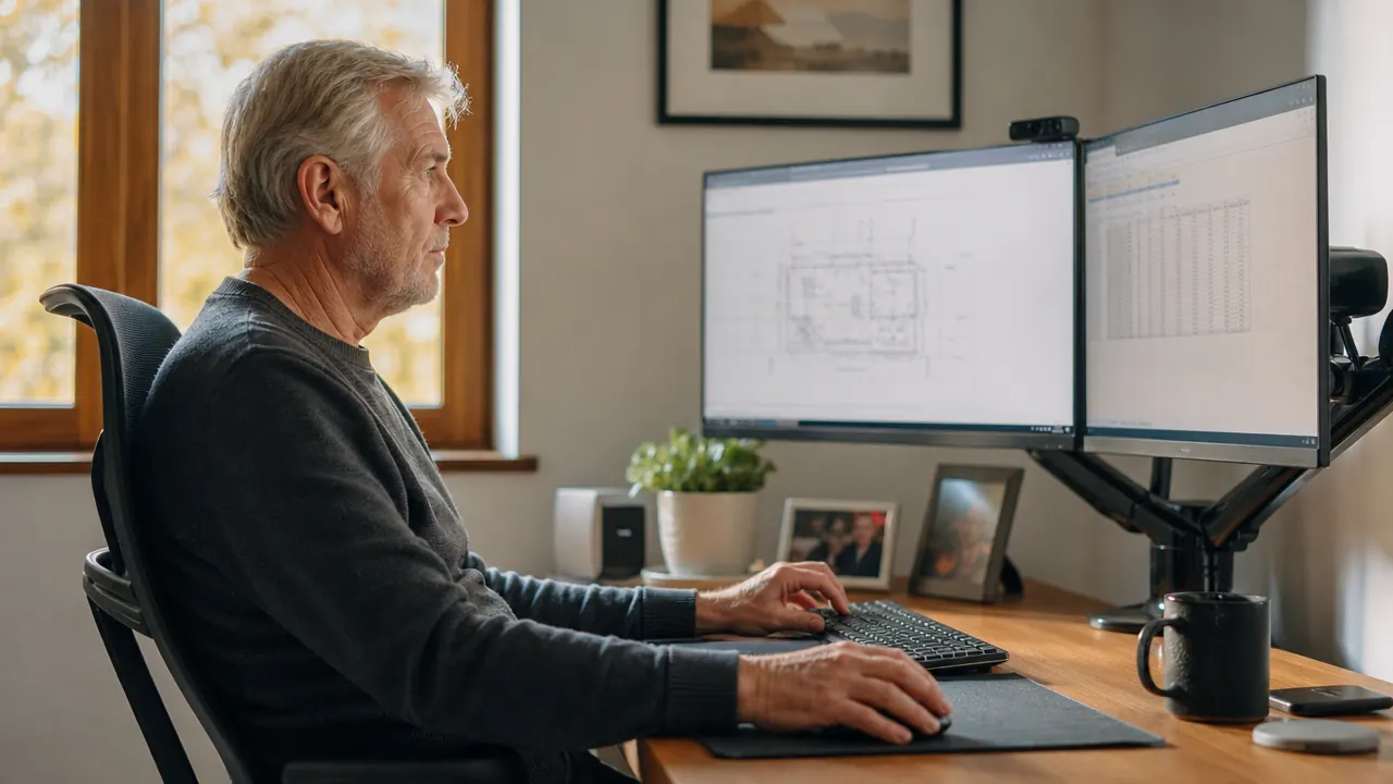Two monitors mounted side by side on a dual arm above a tidy home office desk with a wood surface and minimal clutter